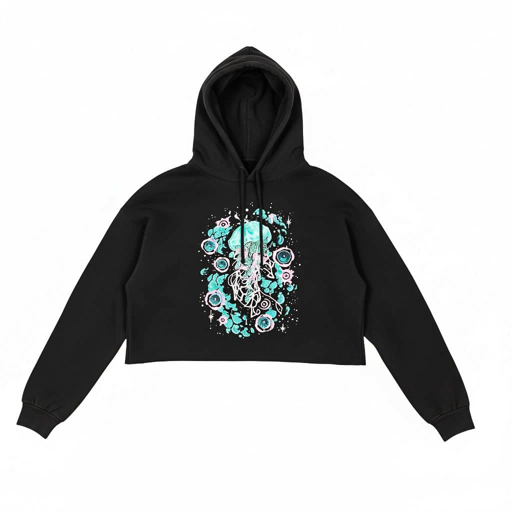 Jelly Fish Glow in the Dark CROP TOP HOODIE Black includes FREE MINI BLACK LIGHT