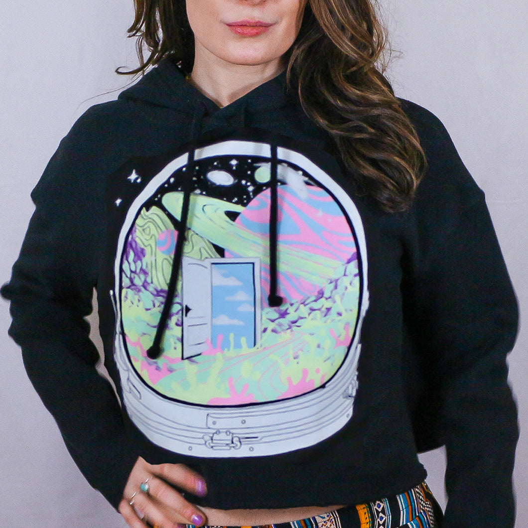 Spaceman Glow in the Dark CROP TOP HOODIE Black includes FREE MINI BLACK LIGHT