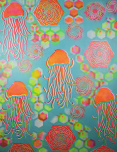 Mega-Hyphy Jelly Fish BlueGlow/Pink/Yellow 48"x 36" Over sized painting includes FREE SOUND ACTIVATED Laser Projector!